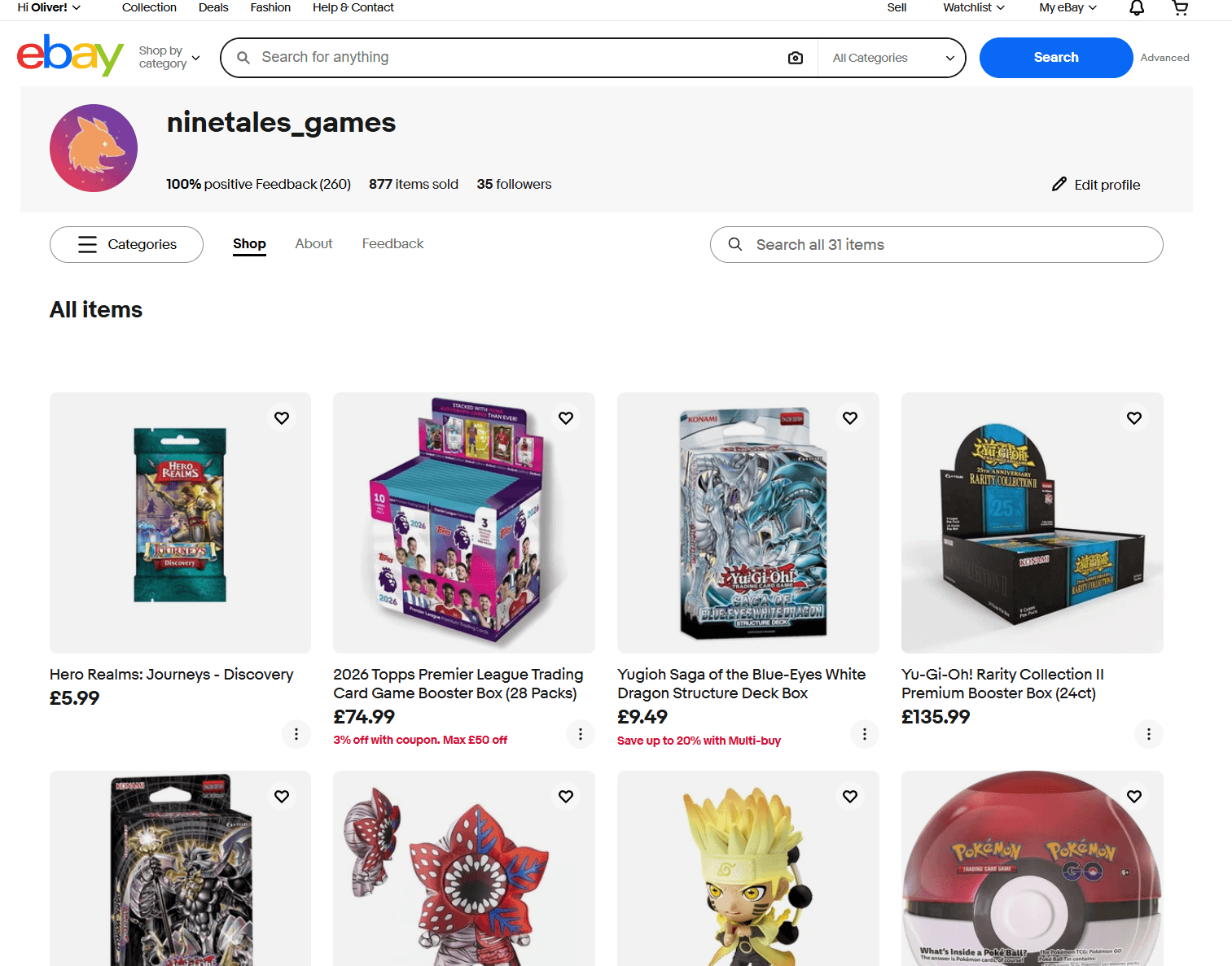 Ninetales Games eBay storefront